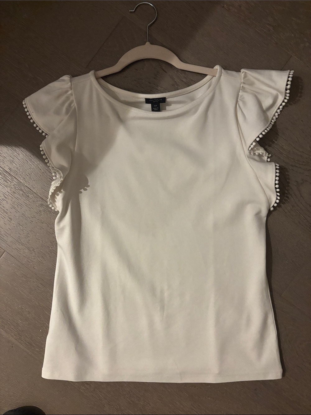 Ann Taylor Cream Ruffle Sleeve Tank with Pom Trim
